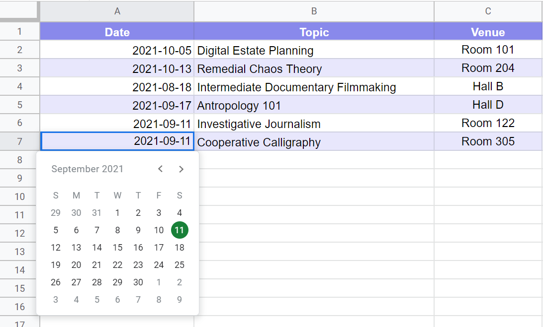 Google Sheets Date Picker Script Example